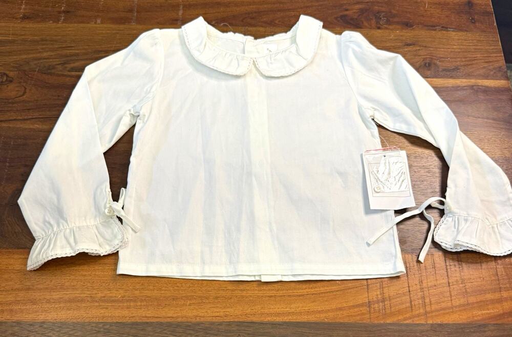 Strasburg Girls White 100% Cotton Collared Button Front Long Sleeve Blouse 6Y